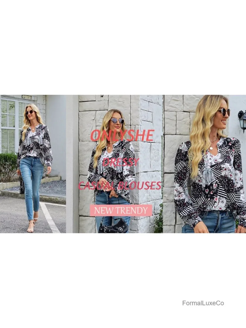 Floral Tunic Top Long Sleeve V-Neck Blouse Soft Stretchy Casual